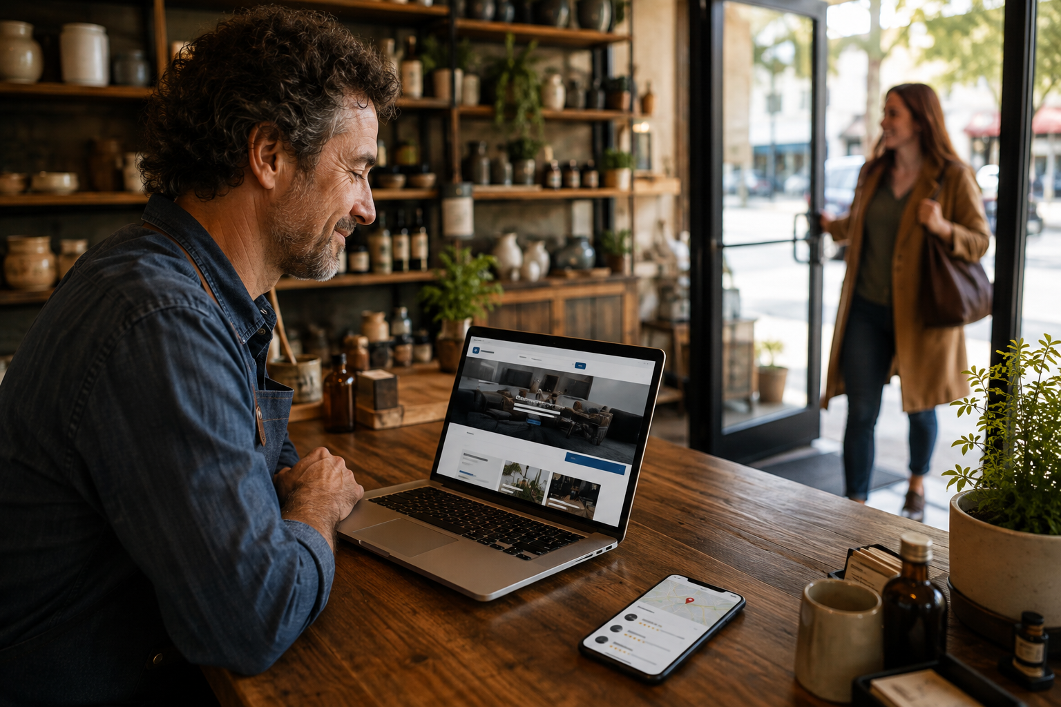 Local business owner reviewing his website